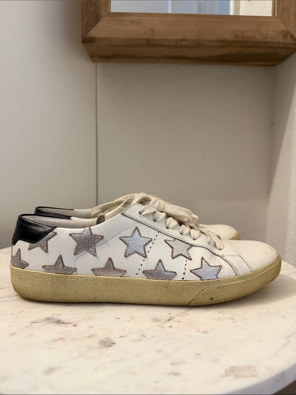 Saint Laurent Silver Star Accent Sneakers with Black Heel